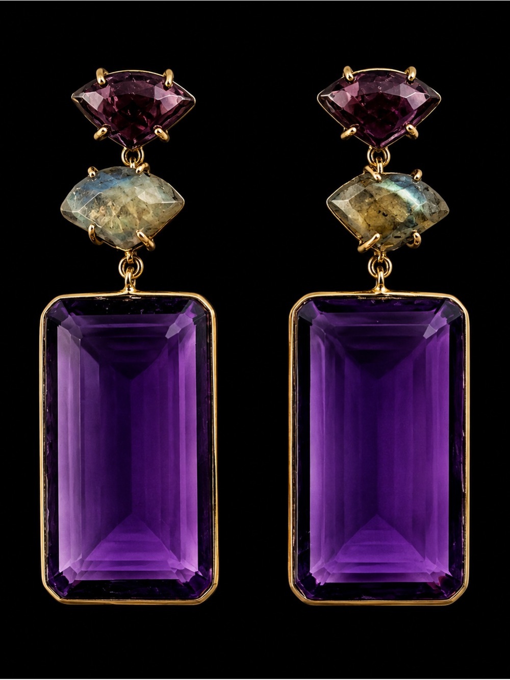 Kanupriya Amethyst & Labradorite Gold-Tone Gorgeous Statement Drop Earrings,NWOT